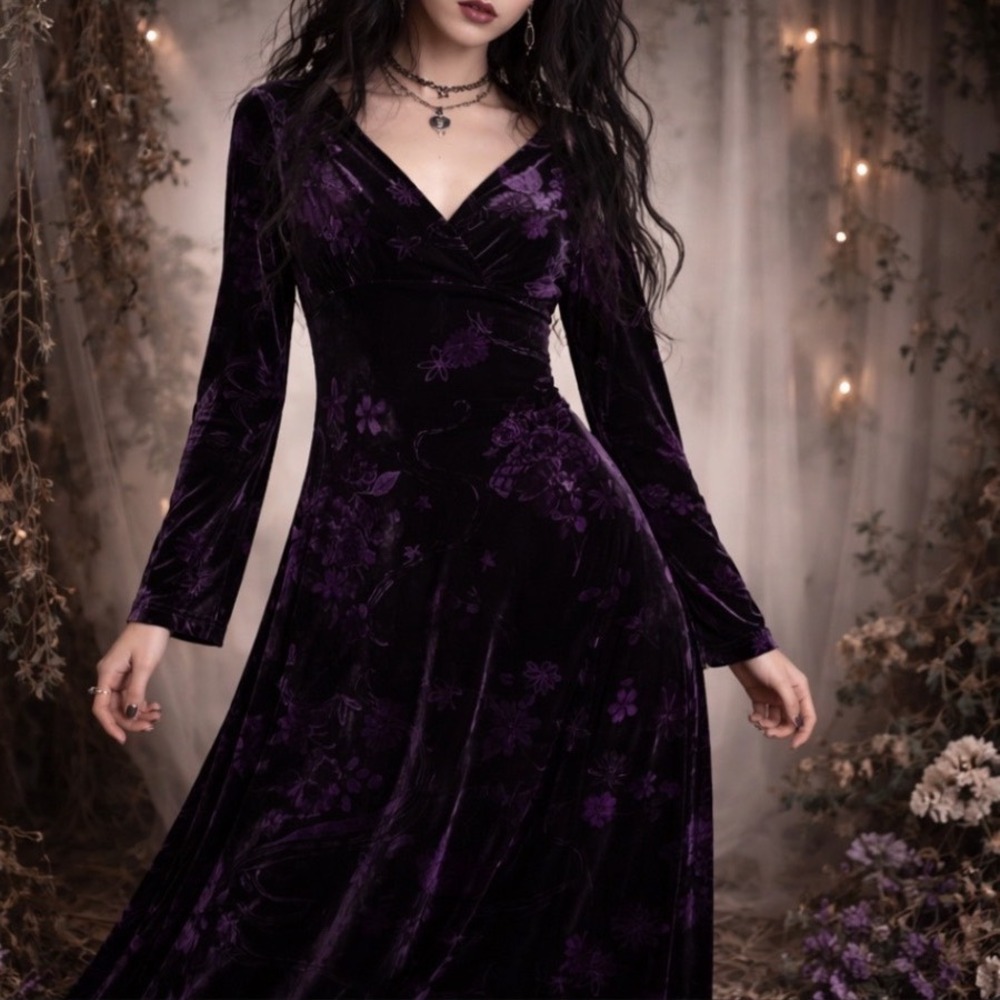 Vintage 90s Y2K Purple Velvet Floral Babydoll Maxi‎ Dress 12 Fairy Grunge Goth